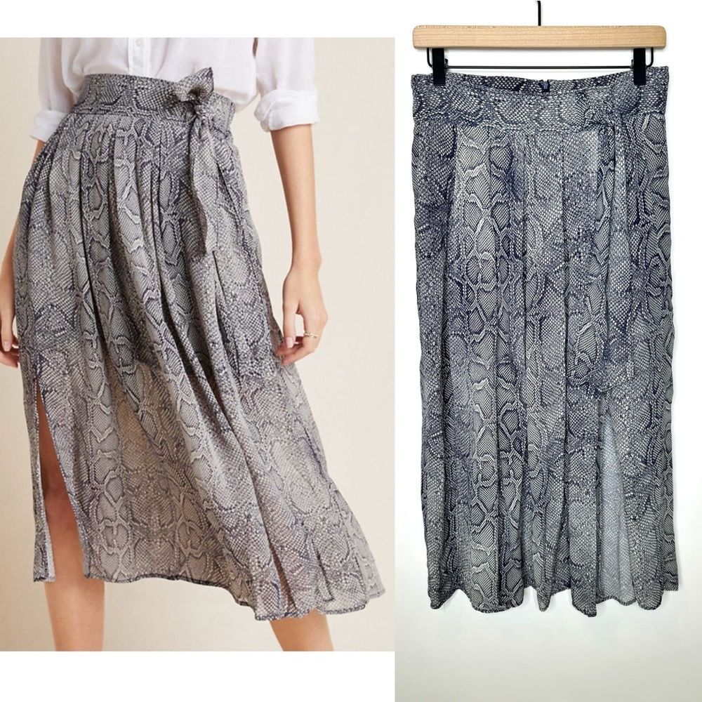 Maeve Annette Snake Pleated Tie Slit Midi Skirt Anthropologie size 0 pockets